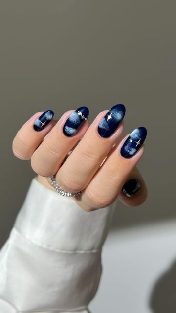 Blue Rain Nails, Rain Inspired Nails, Night Sky Nails Dark Blue, Halloween Witch Nails, Ombre Nails Almond, Midnight Nails, Almond Nails Simple, Cloud Nail Art, Cloud Nails