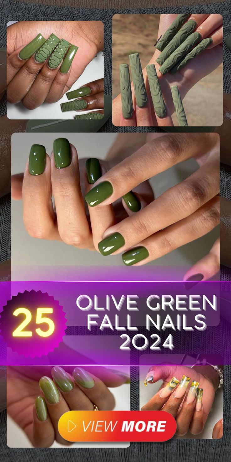 Keep it classy with olive green fall nails 2024 that feature gold flakes and aesthetic designs. These ideas are perfect for those who love a mix of simple and elegant styles. Gel almond nails with glitter accents can add just the right amount of sparkle to your look, while coffin shapes offer a bold statement. Whether you’re dressing up for a special occasion or just want to keep your everyday look polished, these nails are sure to impress. Olive Green Long Nails, Olive Green Chrome Nails, Fall Nails Gold Flakes, Fall Green Nail Designs, Autumn Green Nails, Olive Green Fall Nails, Green Fall Nail Designs, Green Nails Fall, Olive Green Nail Designs