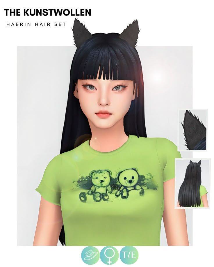 an image of a woman with long black hair wearing a green t - shirt and cat ears on her head