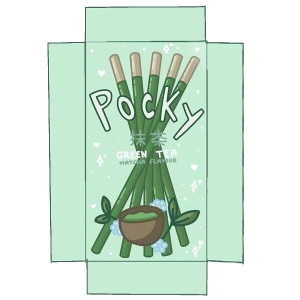 two green tea bags with bamboo sticks sticking out of them and the words pocky on top