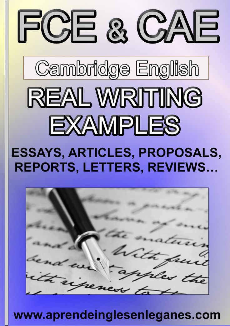 the front cover of an article about cambridge english real writing examples, with two images of pen and paper