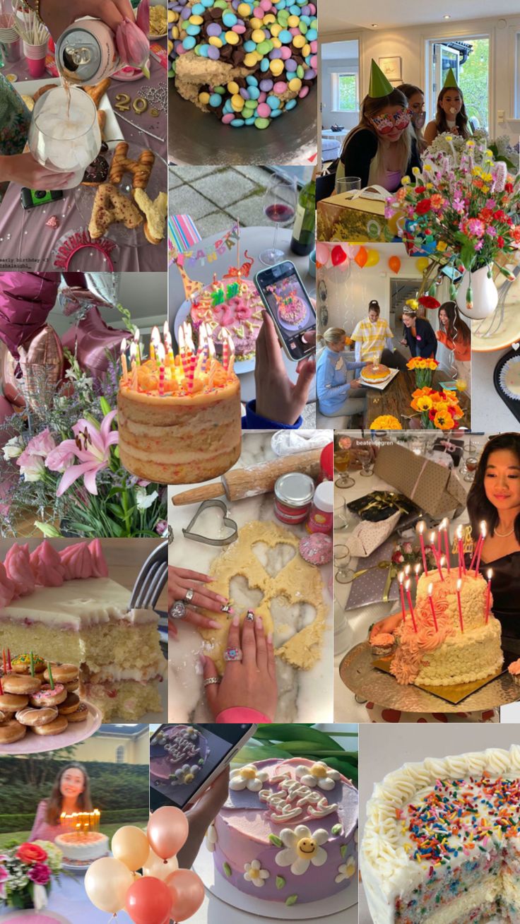 a collage of photos with many different cakes and people in the background eating cake