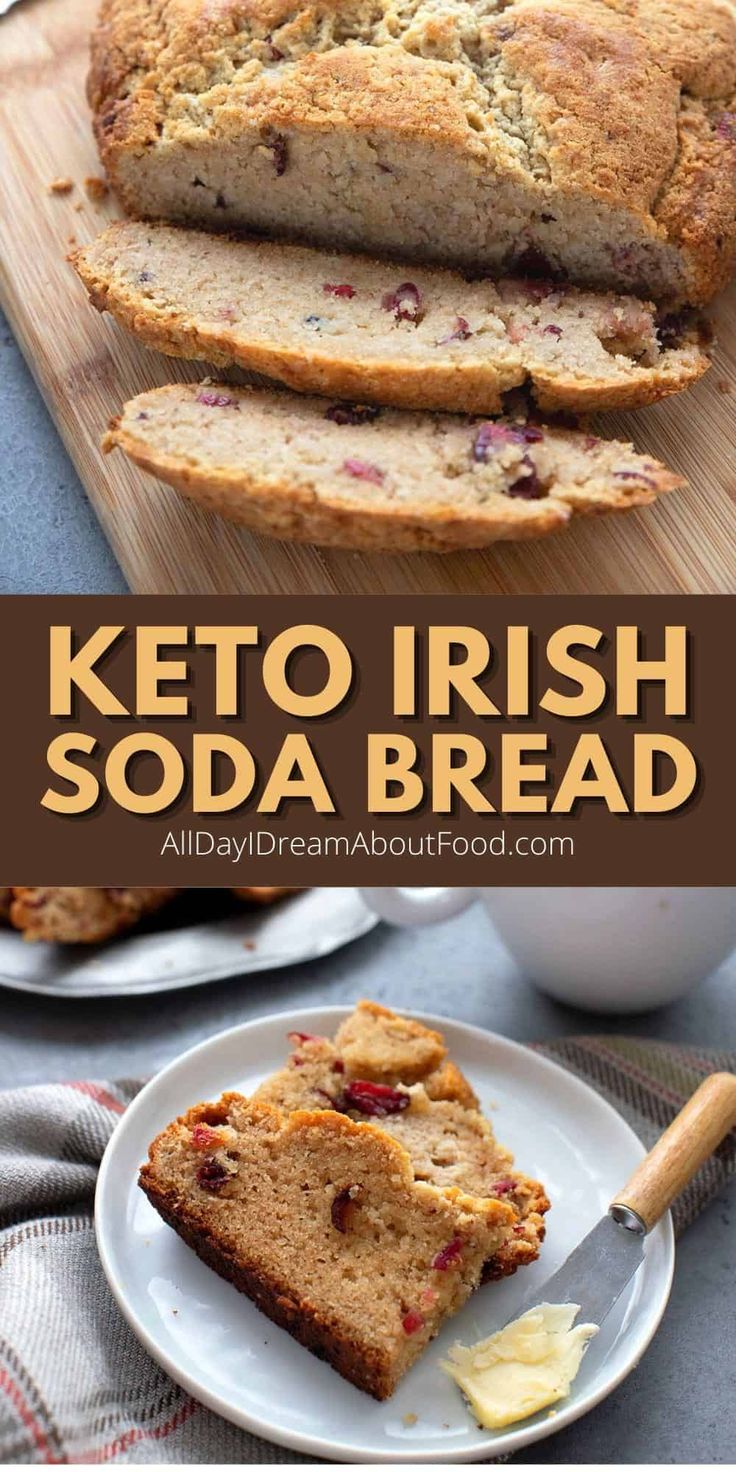 keto irish soda bread on a white plate with butter and strawberries in the background