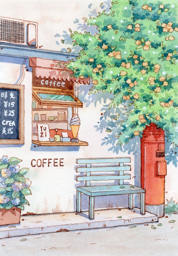 a watercolor painting of a coffee shop with a tree in the corner and a bench next to it