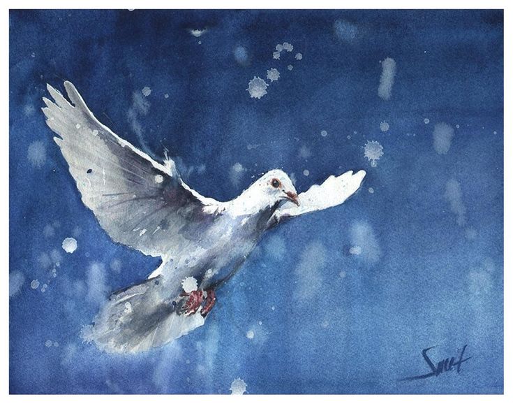 a watercolor painting of a white dove flying in the sky with snow flakes