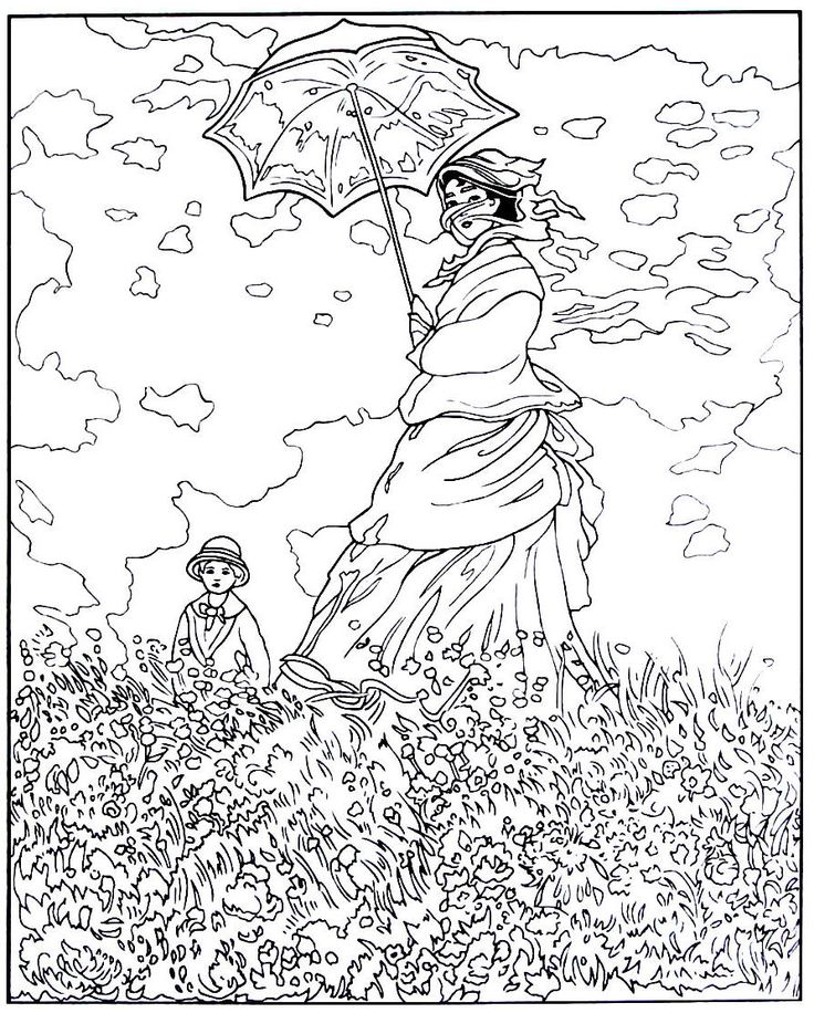 a black and white drawing of a woman holding an umbrella over her head in a field