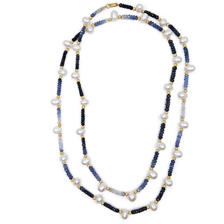 Long Blue Sapphire ombre necklace combined with pearls and gold beads. It can be worn doubled up for the effect of two necklaces or as one long strand. Pearl Long Necklace, Ombre Necklace, Two Necklaces, Blue Ombre, Gold Beads, Long Necklace, Blue Sapphire, Freshwater Pearls, Gemstone Jewelry