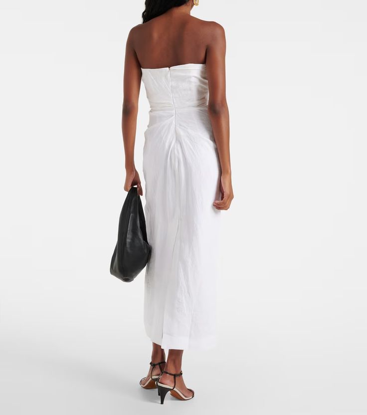 Bridal Sabella linen maxi dress in white - Tove | Mytheresa Ruched Linen Dresses For Vacation, Vacation Linen Ruched Dress, Vacation Linen Dress With Ruched Detail, Beach Linen Dress With Ruched Detail, Beach Linen Ruched Dress, Ruched Linen Midi Dress For Summer, Summer Linen Midi Dress With Ruched Details, Chic Linen Midi Dress For Evening, Elegant Linen Midi Dress For The Beach