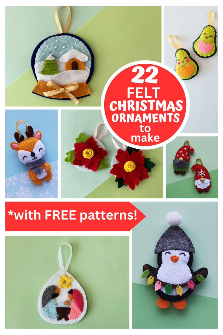 twelve felt christmas ornaments to make with free patterns