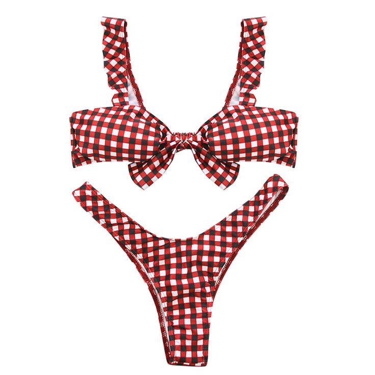 Tie Knot Front Padded Bikini Set Women Swimwear Swimsuit Plaid Bathing Suit - Red Wine - 4S77062015 - Women's Clothing  #WomensClothing #Women's #Clothing Red Swimwear For Pool Vacation, Red Tankini For Sunbathing In Summer, Red Beachy Swimwear For Pool, Red Beach-style Swimwear For Pool, Red Triangle Top Swimwear For Vacation, Red Summer Tankini For Beach Party, Red Beachy Swimwear For Sunbathing, Red Summer Party Tankini, Red Beachwear Tankini For Sunbathing