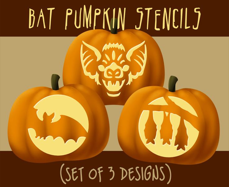 three carved pumpkins with bats on them and the words bat pumpkin stencils set of 3 designs