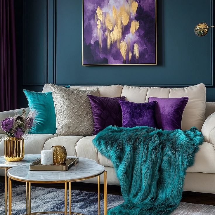 a living room with purple and teal pillows on the couch, gold coffee table