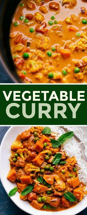 vegetable curry in a bowl with rice and peas on the side, next to an image of