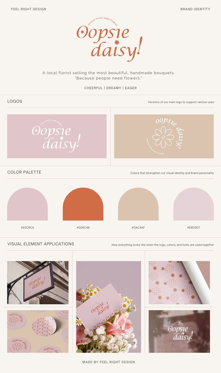 the website design for oppsie daisy is shown in pink and peach tones, with gold