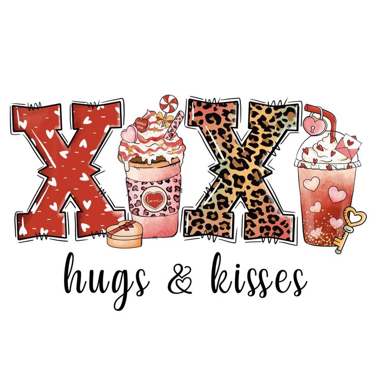 the word x hugs and kisses written in letters with different types of ice creams