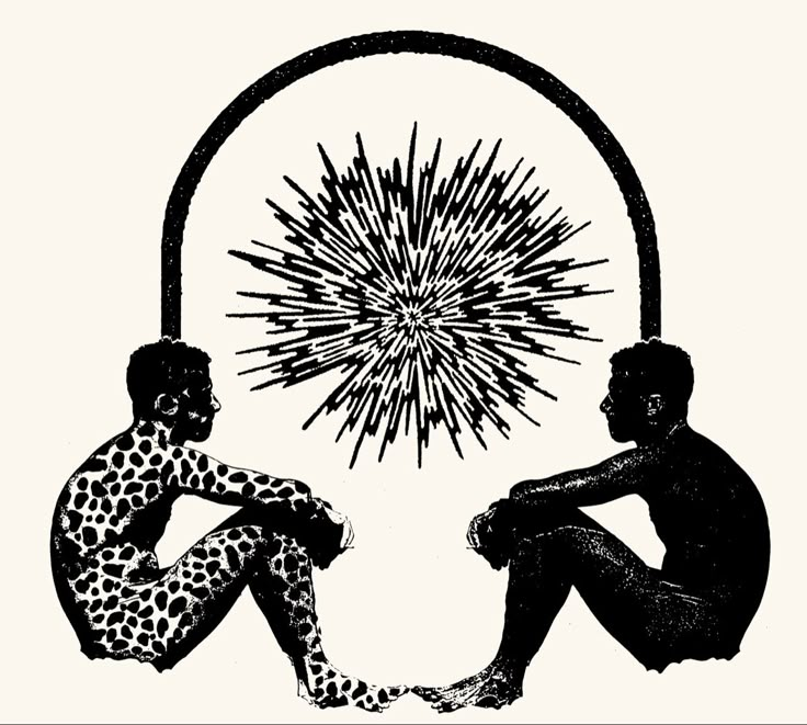 two people sitting next to each other in front of a sunburst drawing on paper