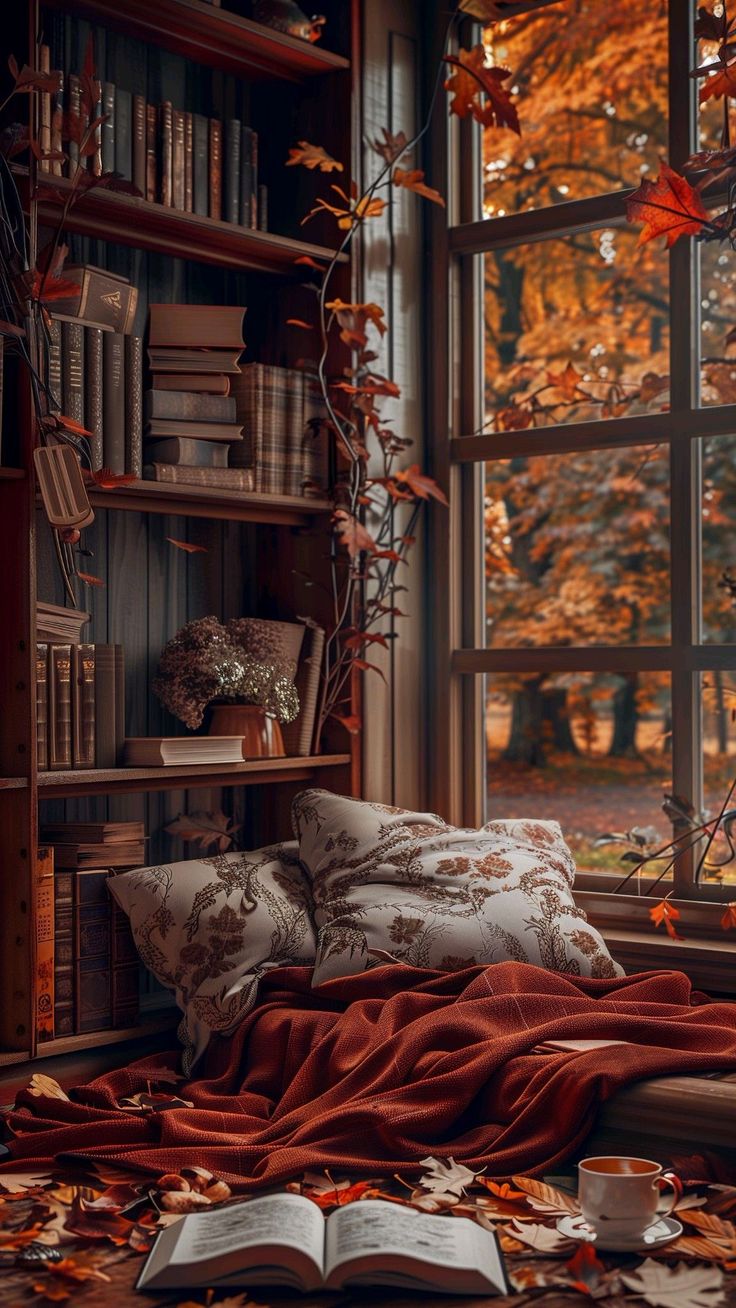 an open book sitting on top of a bed in front of a window filled with leaves