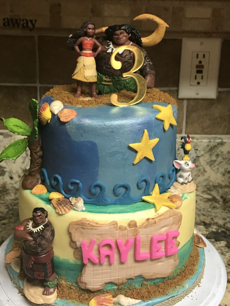 a three tiered birthday cake decorated with characters and stars on it's sides