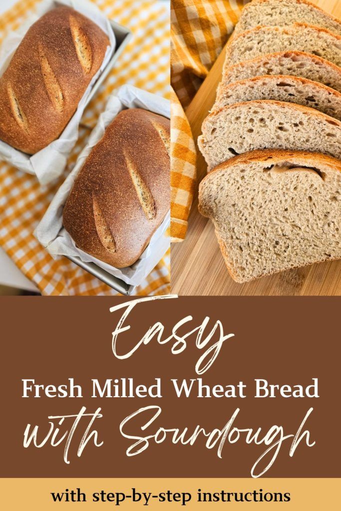 fresh milled wheat bread with sourdough on a wooden cutting board and yellow checkered napkin