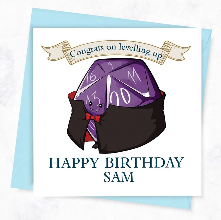 a birthday card with an image of a black cat holding a purple dice and the words congrats on leveling up