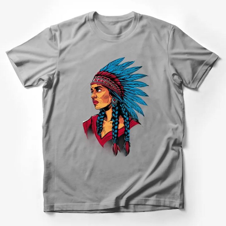 Native American Woman Headdress Art T-Shirt, Colorful Tribal Chief Portrait Tee, Unique Cultural Graphic Shirt Male T-Shirt Custom graphic T-Shirt.Customize your color Bohemian Red Cotton T-shirt, Bohemian Blue T-shirt With Graphic Print, Bohemian Blue Graphic Print T-shirt, Blue Graphic Print T-shirt For Festivals, Blue Bohemian Graphic Print T-shirt, Bohemian Multicolor Sublimation Print T-shirt, Red Bohemian Cotton T-shirt, Hippie Multicolor Graphic Print T-shirt, Multicolor Printed T-shirt For Festivals