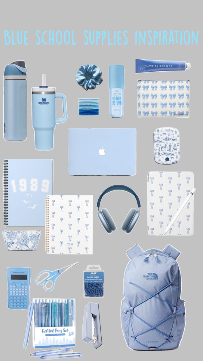 Blue school supplies inspiration|blue stationary| light blue school supplies essentials| light blue stationary| light blue backpacks, light blue water bottle, light blue Stanley,light blue pencil bag, light blue north face backpack light blue MacBook case,light blue iPad case, cute bow iPad case, silk scrunchy, light blue portable charger, blue AirPod max blue summer Fridays School Supplies Essentials, Blue School Supplies, Backpack School Supplies, Blue Stationary, Blue Backpacks, School Bag Essentials, Back To School Bags, Backpack School, Blue Backpack