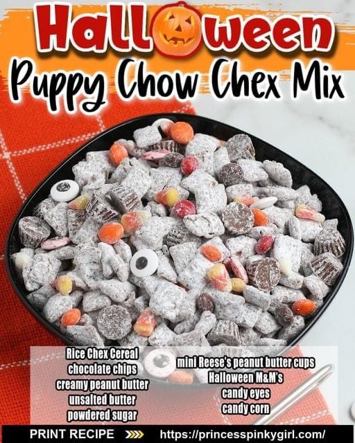 halloween puppy chow mix in a black bowl