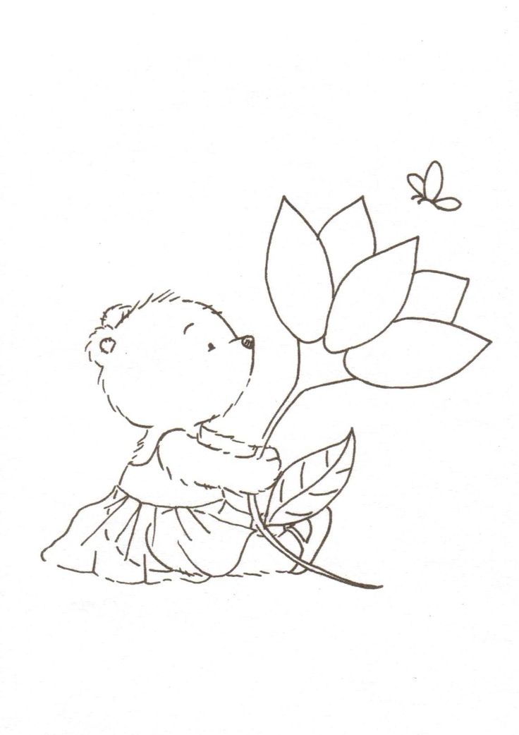 a drawing of a teddy bear sitting on the ground with a flower in its hand