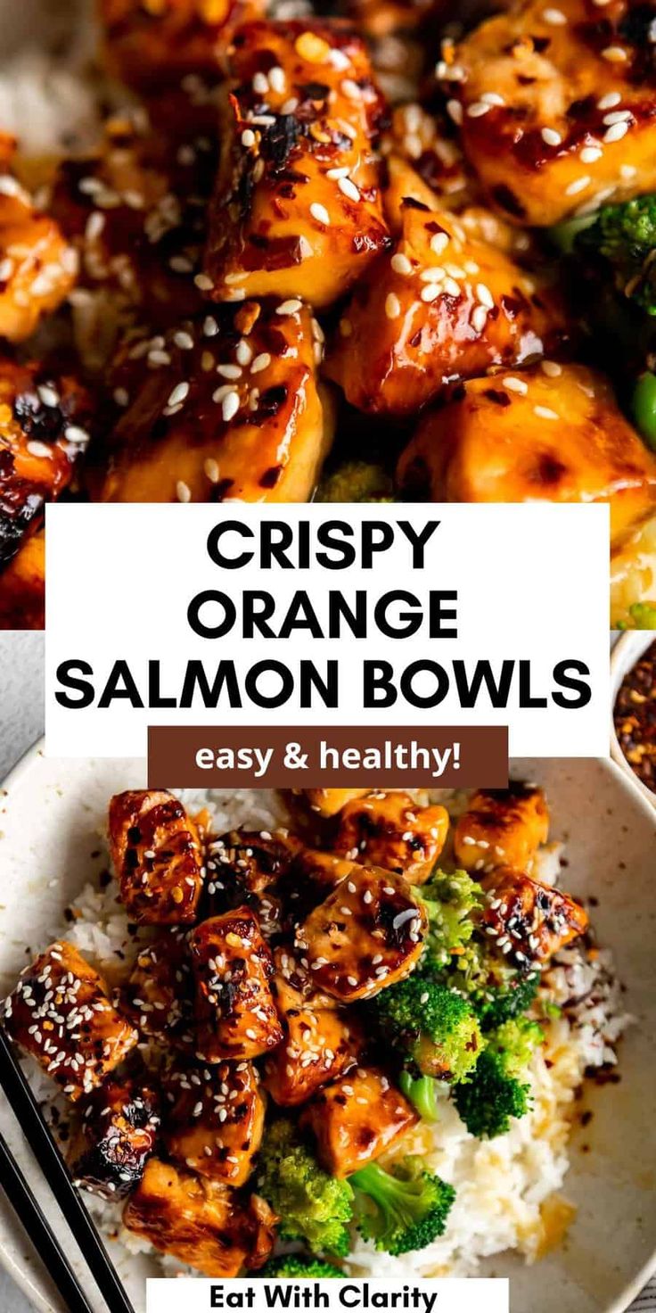 orange salmon bowls with rice, broccoli and sesame seeds in them on a white plate