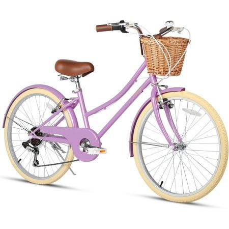 a purple bicycle with a basket on the front and back wheel, in front of a white background