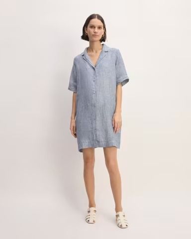 The Linen Shirt Dress White / Blue – Everlane Casual Button-up Shirt Dress For Day Out, Spring Daywear Shift Shirt Dress, Spring Shift Shirt Dress For Daywear, Shift Shirt Dress For Spring Daywear, Casual Dress With Button Cuffs And Spread Collar, Summer Collared Shift Shirt Dress, Short Sleeve Shirt Dress With Buttoned Pockets For Work, Oversized Collared Dress For Day Out, Casual Relaxed Fit Shirt Dress For Work