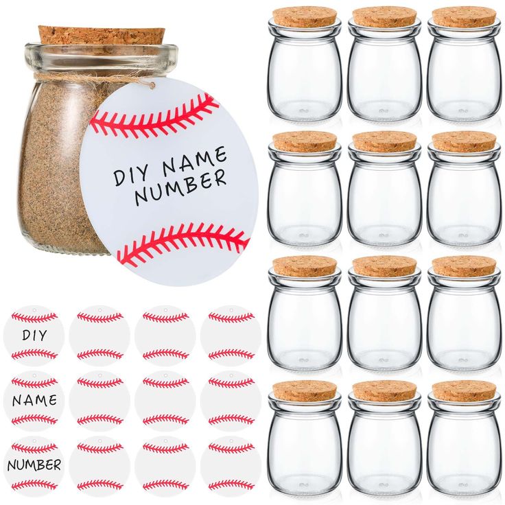 baseball themed mason jars with labels and stickers for diy name numbers, set of 12