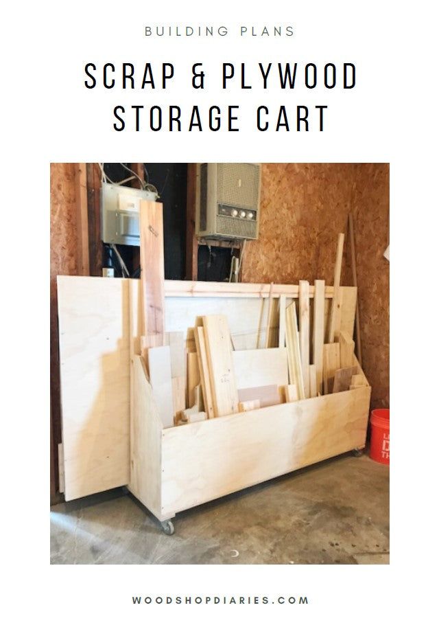 a wooden cart filled with wood planks and text overlay that reads how to build a rolling scrap and plywood cart