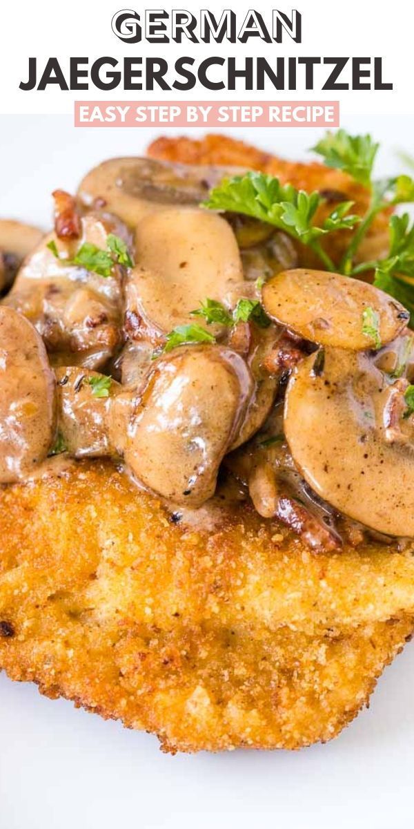 the cover of german jagerschnitzel is shown with mushrooms and parsley