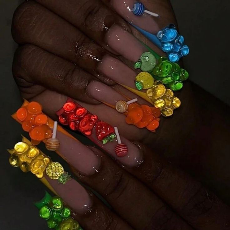 Super Cute And Stylish Ships In 5-10 Business Days Xl Nails Design, Girly Habits, Bear Nails, Jelly Bear, Bears Nails, Long Press On Nails, Nagel Tips, Coffin Shape, Exotic Nails