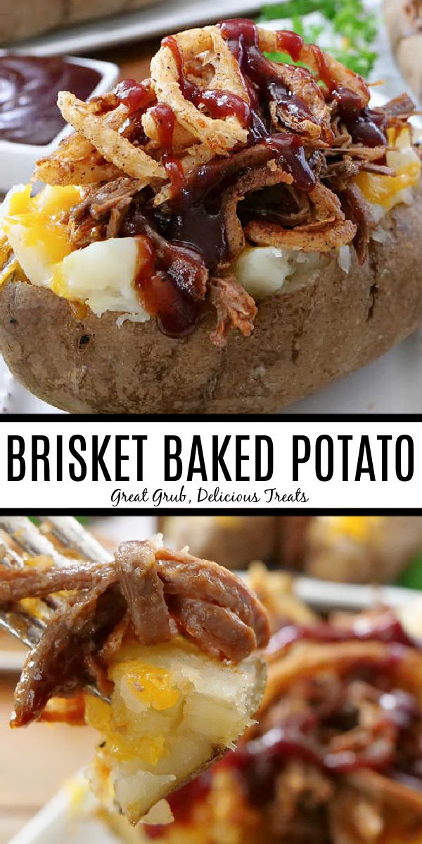 two pictures of baked potatoes with meat and cheese