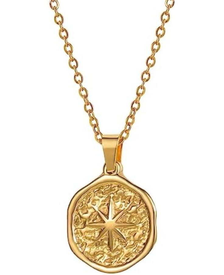 PRICES MAY VARY. MODERN BOHEMIAN CLASSIC- This gold plated North Star coin necklace can be worn for everyday or for special occasions. Lightweight, strong and durable, it is perfect for all ages and for any occasion. This necklace can be worn alone, or paired with others for a beautiful layering look. This charming necklace is the perfect graduation gift for her, featuring a trendy North Star compass charm. 18 KARAT YELLOW GOLD PLATED OVER STAINLESS STEEL- Link Chain measures 16 inches in length Golden Coin Necklace, Gold Compass Pendant Necklace, North Star Jewelry, Round Gold Pendant, Gold Coin Jewelry, Chunky Gold Necklaces, North Star Necklace, Hope Design, Wishlist 2024