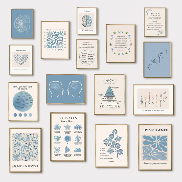 a collection of blue and white greeting cards