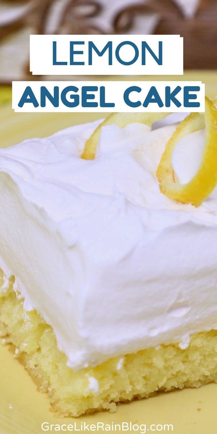 a lemon angel cake on a yellow plate with the words lemon angel cake above it