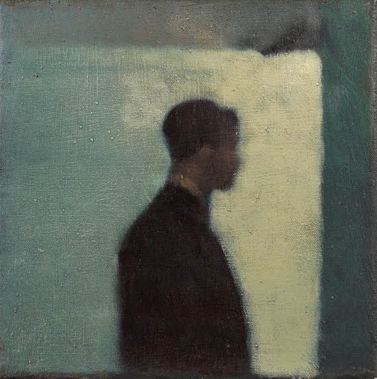 a painting of a man standing in front of a wall with his head turned to the side