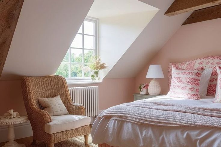 a bed sitting under a window next to a chair in a room with pink walls