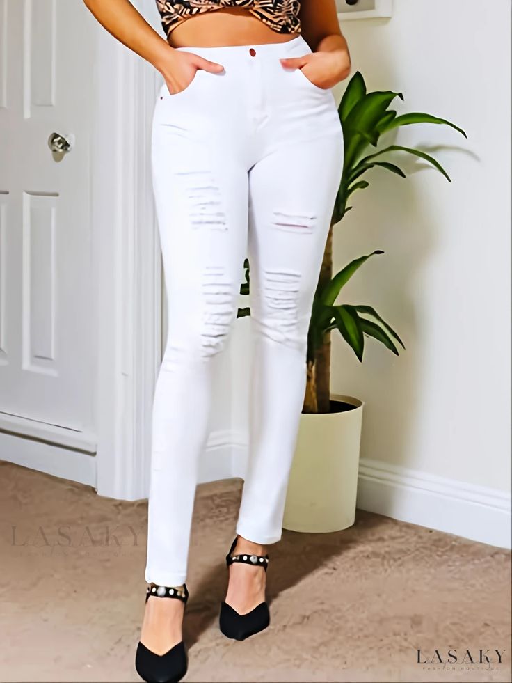 Lasaky - Stylish Womens Slim Fit Skinny Leg Jeans with Distressed Detailing, Versatile Solid Color Denim Pants Stretch Ripped Straight Leg Pants, Chic Stretch Distressed Bottoms, Chic Stretch Ripped Pants, High Rise Stretch Ripped Pants, Spring Distressed Stretch Pants, Distressed Stretch Straight Leg Pants, Spring Stretch Ripped Pants, Chic Ripped Bottoms, High Rise Ripped Stretch Pants