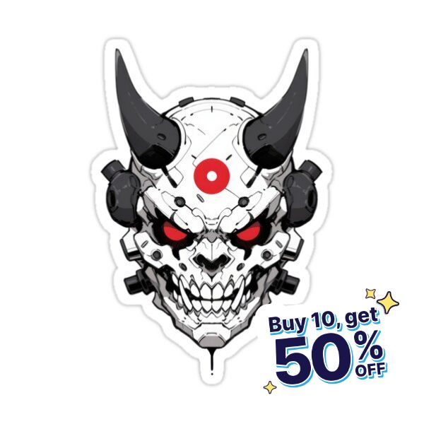 a sticker with an image of a demon head on it's face and the words buy 10 get 50 % off