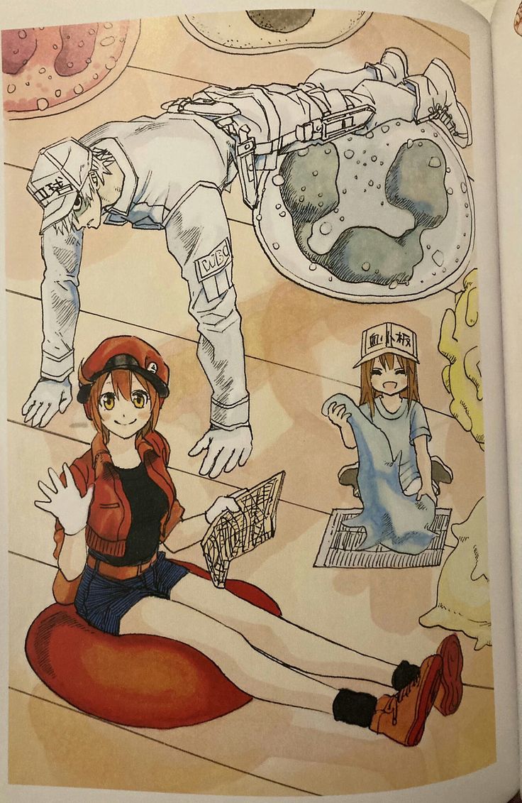 an open book with illustrations of people in space and on the floor, including a woman sitting