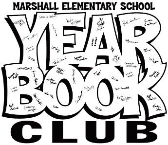 the logo for marshall elementary school year book club, with handwritten letters in black and white