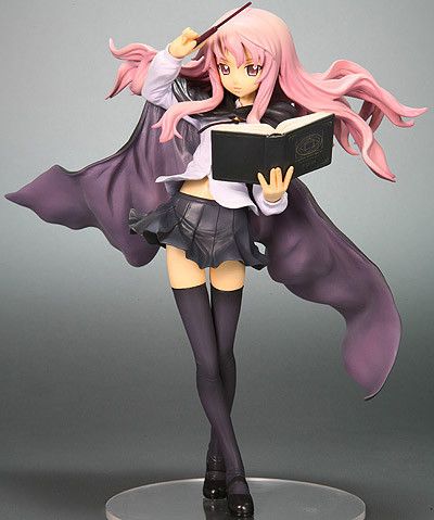 a figurine is holding a book and wearing black stockings with long pink hair