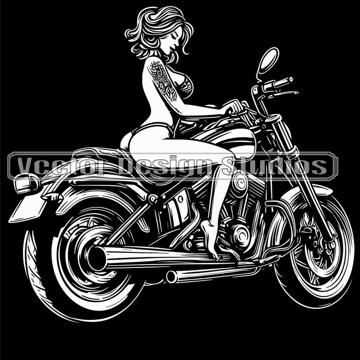 a black and white drawing of a woman riding on a motorbike in the dark