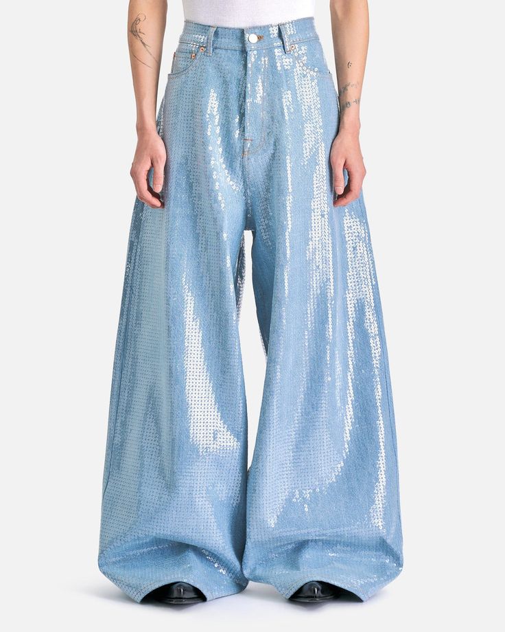 VETEMENTS Men's Jeans Paillattes Jeans in Blue Straight Leg Denim Sequined Bottoms, Straight Leg Denim Bottoms With Sequins, Sequined Straight Leg Denim Bottoms, Blue Sequined Wide Leg Bottoms, Spring Straight Leg Sequined Jeans, Sequin Denim Bottoms For Spring, Spring Sequined Straight Leg Jeans, Spring Sequin Straight Leg Jeans, Blue Denim Sequined Bottoms