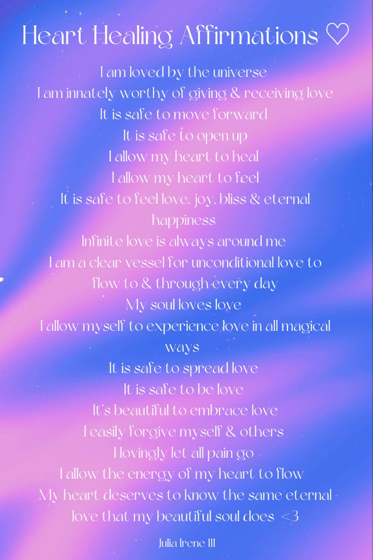 a poem written in blue and pink with the words heart healing affirmitions