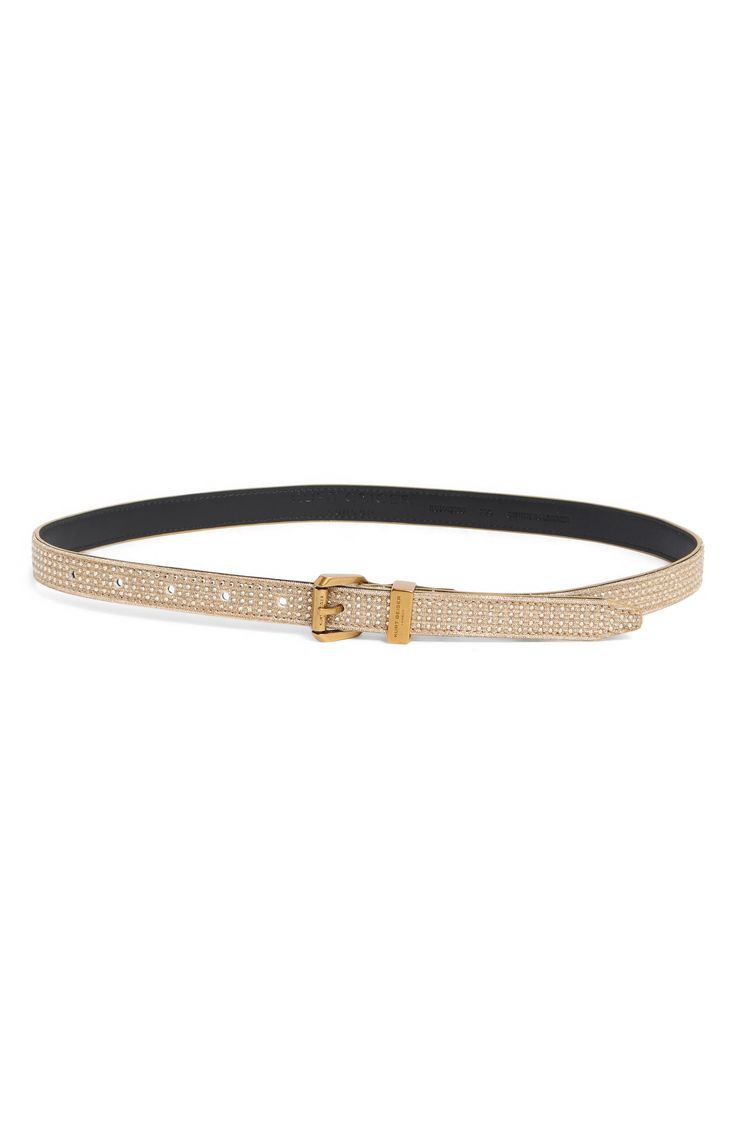 This slender belt is secured with a logo-adorned buckle and encrusted with shimmering crystals to enhance your party-ready attire. 1" belt width; 1" buckle Leather Imported Embellished Belt, Kurt Geiger, Suspenders, Antique Brass, Nordstrom Rack, Nordstrom, Buckle, Women Accessories, Size Medium